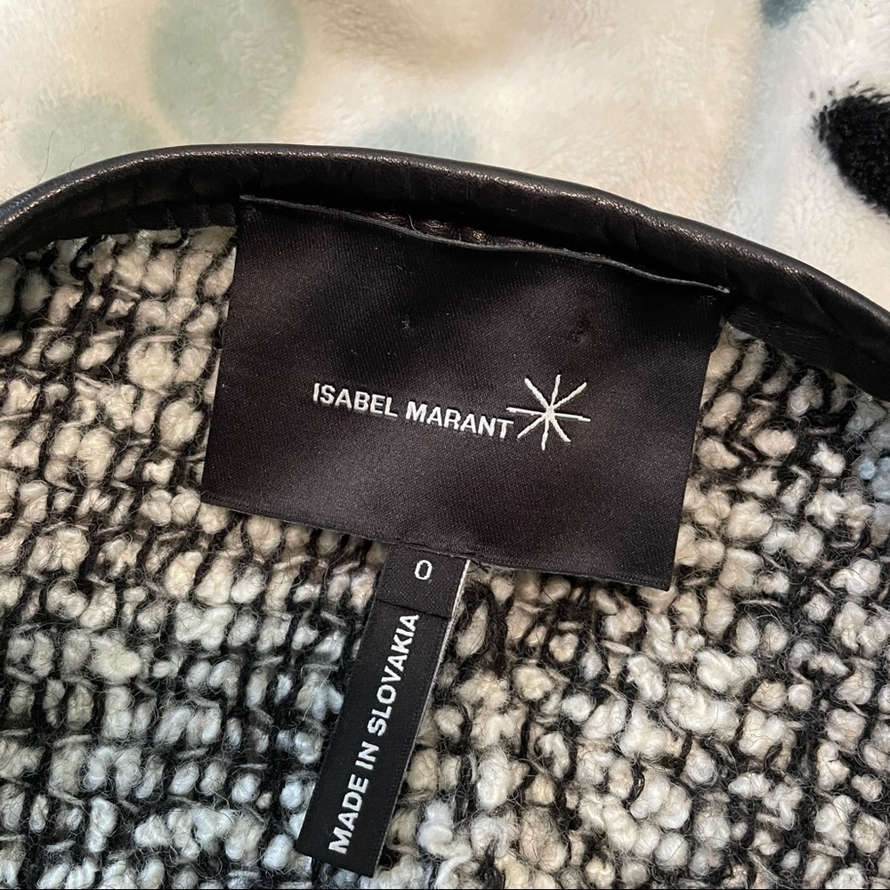 𝅺ISABEL Marant Black & White Tweed with Leather Trim Wool Blend Button Jacket 0 - Picture 6 of 7